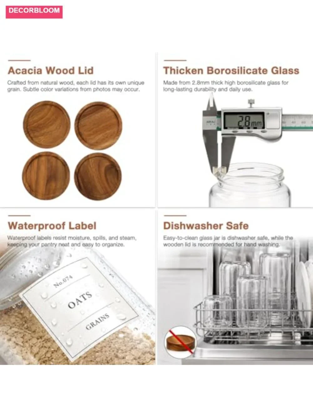28oz Glass Storage Jars with Wood Lids - Airtight Pantry Containers (6-Pack)